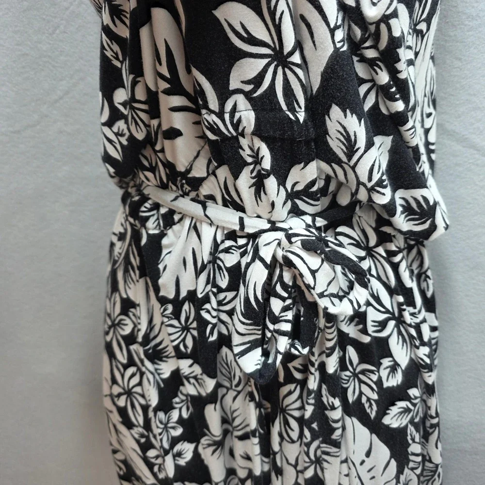 Michael Kors Black White Tropical Floral Sleeveless Maxi Dress Large Blouson Tie